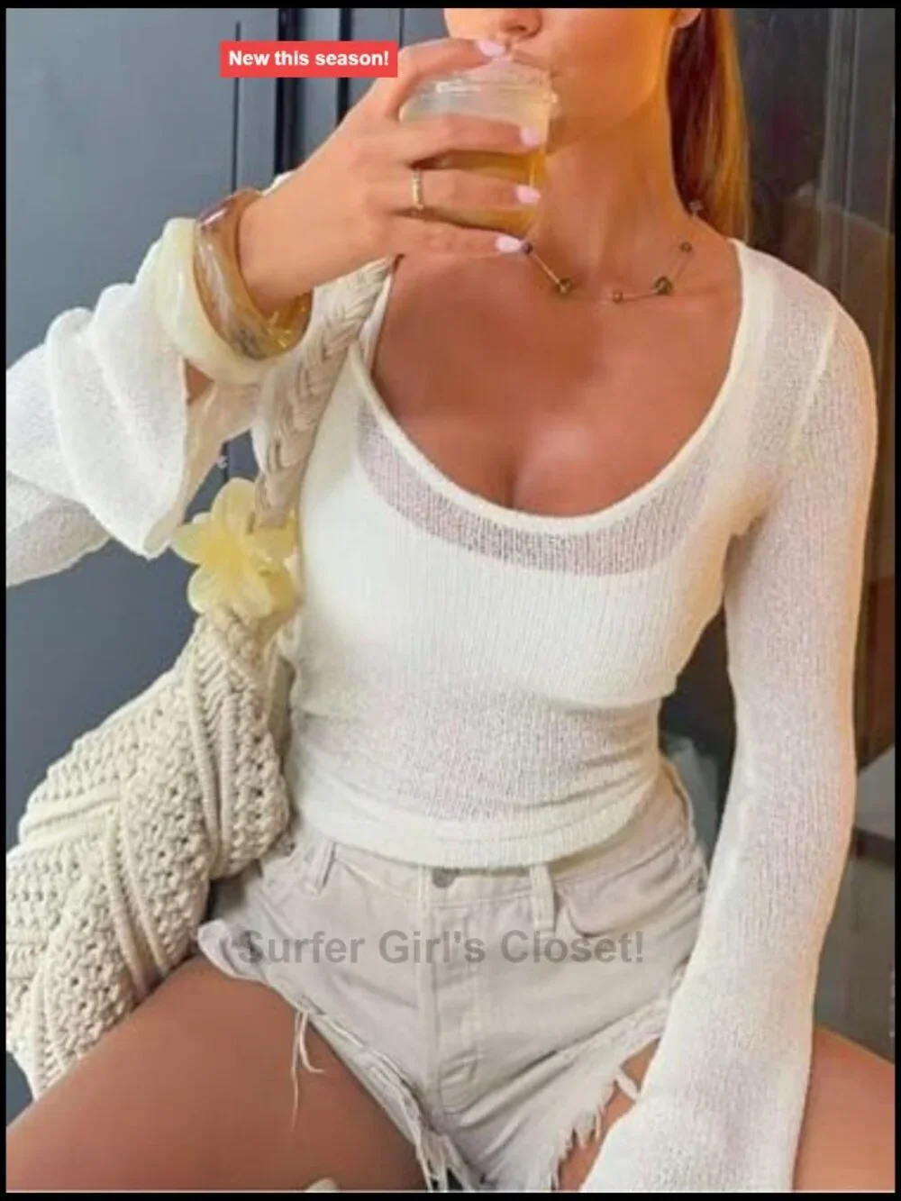 Sheer Long Bell Sleeve Knit Swim Cover Up Top Lightweight
